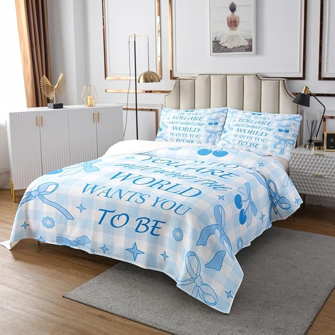 Blue Bowknot Bedspread King Size,Cartoon Cherry Stars Daisy Flowers Princess Coverlet Set,Girls Women Room Decor,Bow Geometric Plaids Patchwork Quilted Coverlet,Dreamy Bedding Quilt,2 Pillowcases