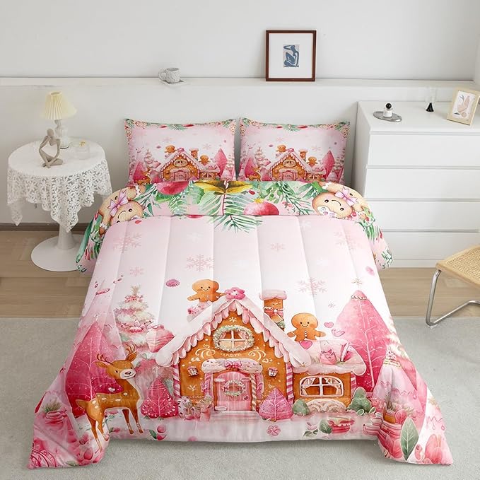 jejeloiu Kids Christmas Theme Comforter Set Toddler Cute Deer Gingerbread Man Bedding Set for Boys Girls Teens Pink Xmas Tree Candy House Winter Snowflake Duvet Quilt Room Decor