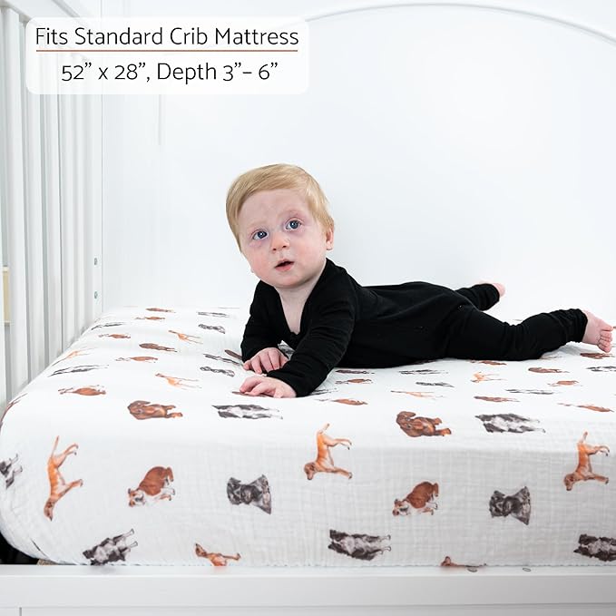 LollyBanks Muslin Crib Sheets 2 Pack, 100% Cotton Baby Crib Sheets for Boys and Girls, Soft and Breathable Neutral Baby Fitted Sheet for Standard 52"x28" Mattress, Registry (Dogs and Paws Design)