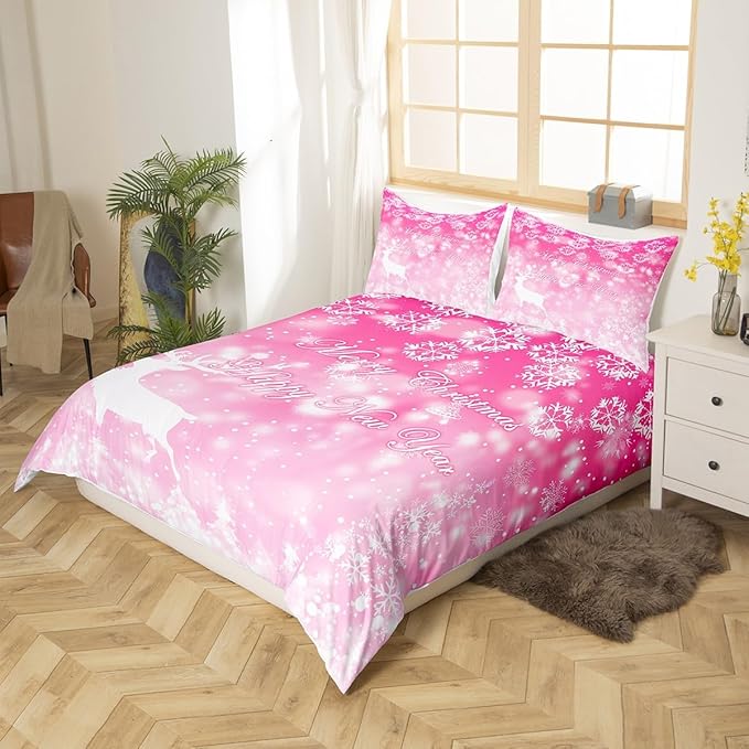 Manfei Christmas Pink Duvet Cover Set Queen Size, Xmas Trees Deer Snowflake Bedding Set 3pcs for Kids Girls, New Year Theme Comforter Cover Soft Polyester Quilt Cover with 2 Pillowcases,No Comforter