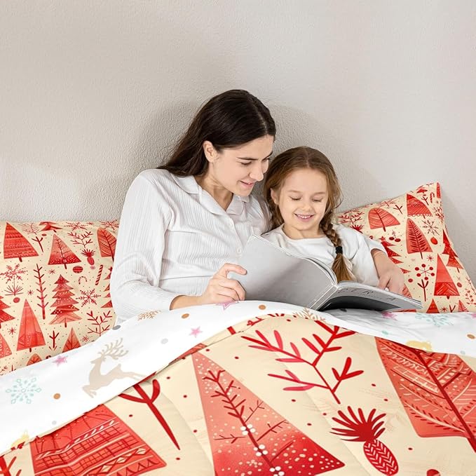 Feelyou Christmas Bedding Set Soft for Boys Girls, Xmas Tree Comforter Set Queen Size Snowflake Candy Duvet Quilt Microfiber Pine Tree Bedroom Decor 3 Pcs with 2 Pillow Cases