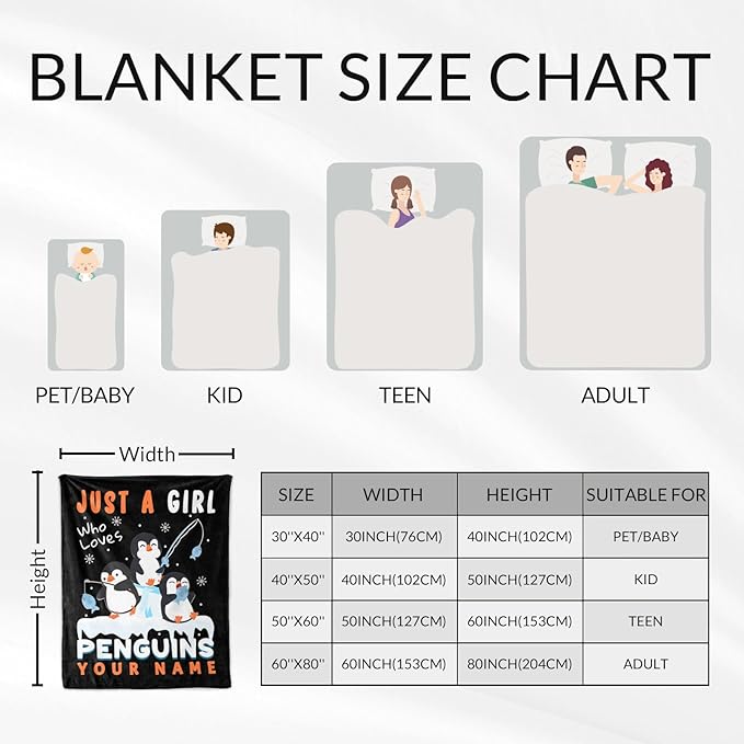 Personalized Penguin Blanket Adult - 60" x 80" Inches Cute Penguin Blanket for Women - Black Warm Furry Throws for Sofa, Bed & Living Room