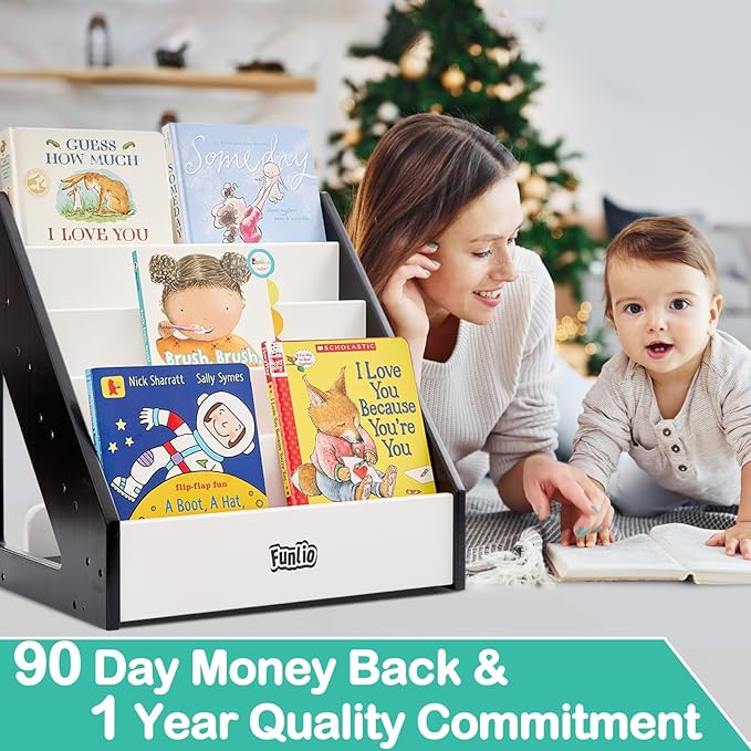 FUNLIO Montessori Bookshelf for Toddlers 1-5 Years, Front-Facing Kids Bookcase with Handle & Anti-Tilting Device, Premium Pine Baby Bookshelf, Children's Bookcase for Nursery/Classroom - Black &White