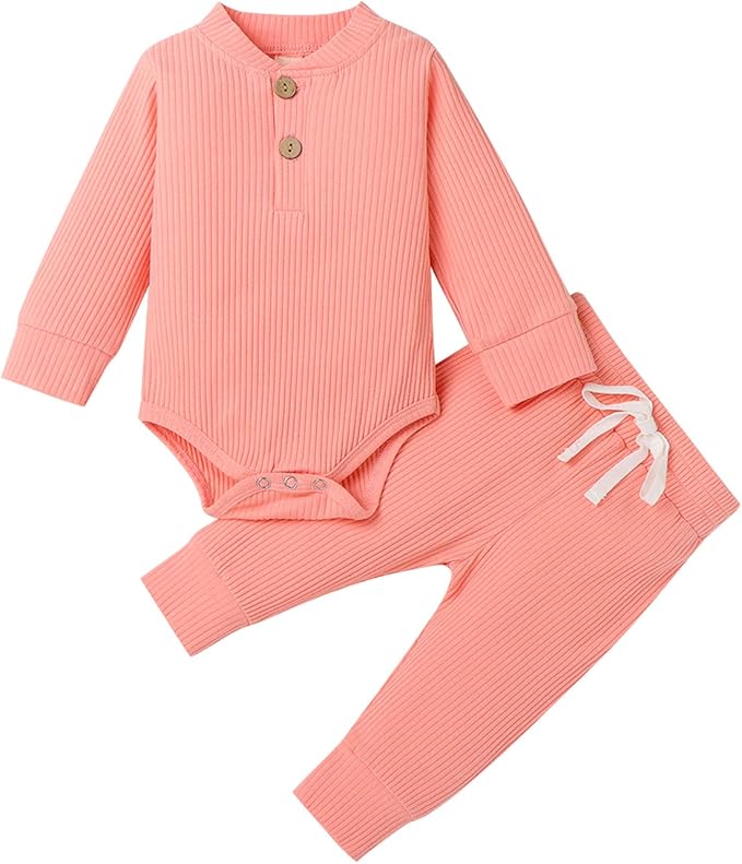 Newborn Baby Boy Girl Clothes Ribbed Knitted Cotton Long Sleeve Romper Long Pants Solid Color Fall Winter Outfits