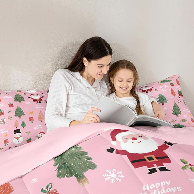 Feelyou Pink Christmas Comforter Set Full Size Snowman Bedding Set for Kids Boys Girls Xmas Tree Duvet Quilt Bedroom Decor Microfiber 3 Pcs with 2 Pillow Cases