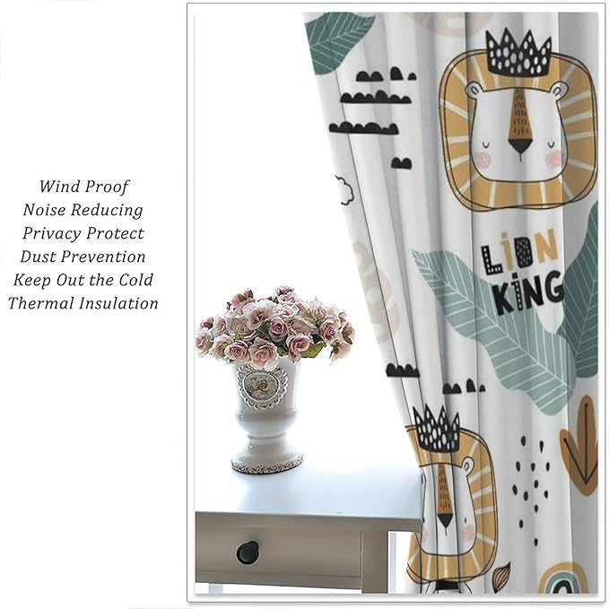 Little Lion King Curtains for Baby Child,Cute Funny Forest Animals,Tropical Jungle Leaves Wildlife Boho Cartoon Rainbow Print Blackout Window Drapes for Nursery Boys Girls Kids Bedroom 42x45 Inch