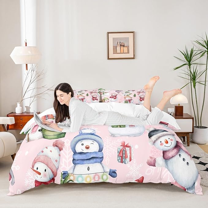 Manfei Christmas Duvet Cover Set Full Size, Cute Snowman Dogs Snowflake Comforter Cover with 2 Pillowcases, New Year Pink Bedding Set 3pcs for Kids Boys Girls Lightweight Bedspread Cover,No Comforter