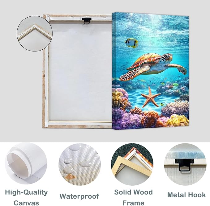 AWPANERAR Sea Turtle Wall Art Bathroom Pictures Watercolor Sea Life Canvas Prints Ocean Animal Poster Nautical Theme Artwork for Kids Room Nursery Decor Framed (Green, (24L x 16W))