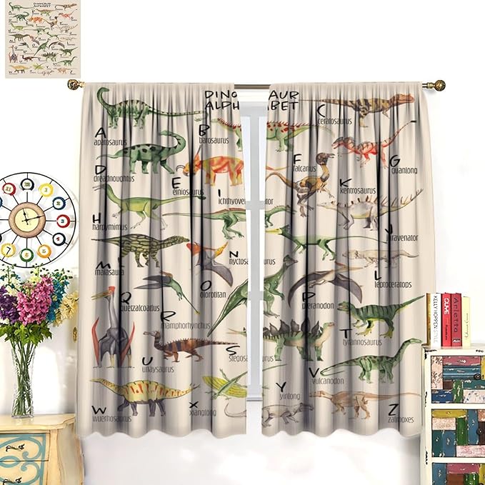 Dinosaur Curtains Cartoon Dino ABC Alphabet Pattern Educational Learning Theme Curtain with Rod Pocket for Kids Nursery Playroom Bedroom Drapes Window Treatments 2 Panels Set 42" W X 63" L