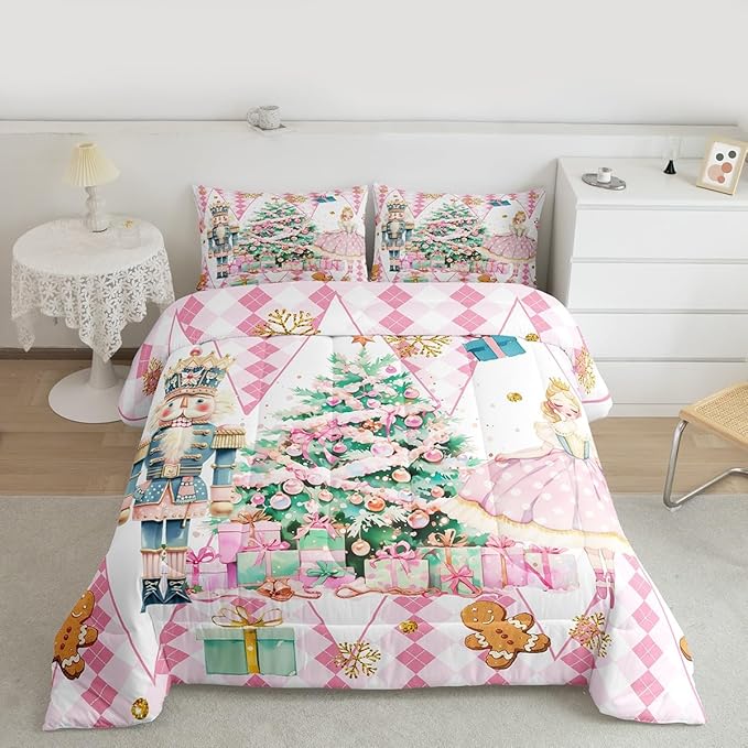 jejeloiu Christmas Nutcracker Comforter Set Twin Size Gingerbread Man Bedding Set for Kids Boys Girls Xmas Tree Duvet Quilt White Pink Bedroom Decor