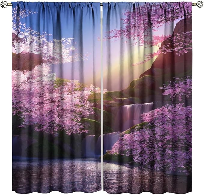 Landscape Waterfall Blackout Curtains, Watercolor Blossom Cherry Flower Forest Pattern Rod Pocket Window Drapes, for Bedroom Living Room 72" W X 63" L