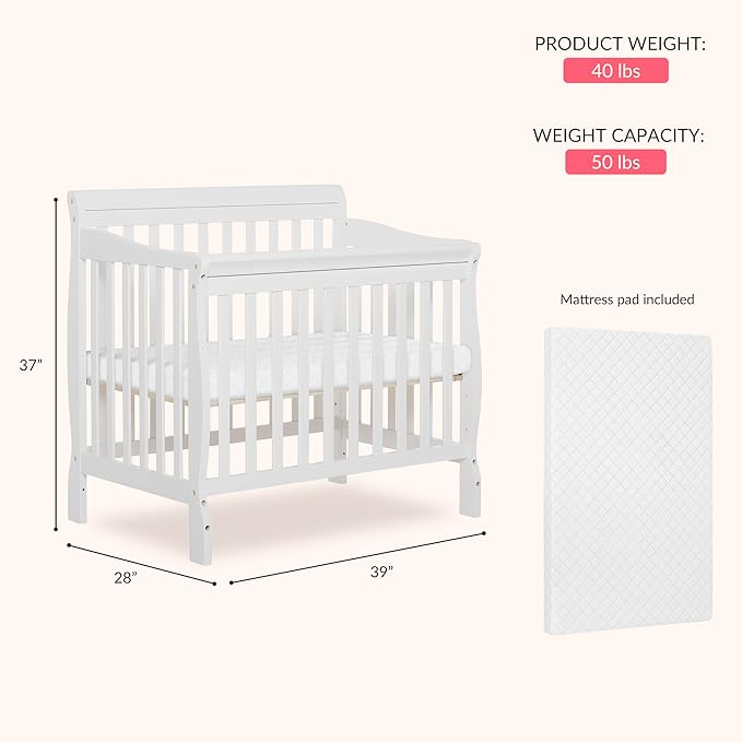 Dream On Me Aden 4-in-1 Convertible Mini Baby Crib in White, GreenGuard Gold & JPMA, Sustainable Pinewood, Non-Toxic Finish, 3 Mattress Heights, Converts to Mini Day & Twin-Size Bed