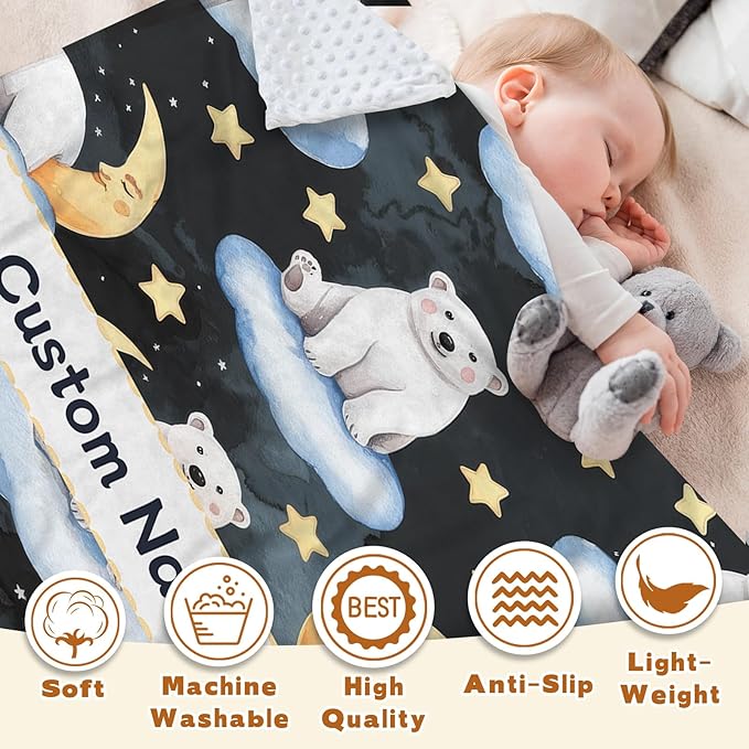 Custom Baby Blanket with Name, Double Layer Soft Dot Back Personalized Baby Blanket for Boys Girls, Polar Bear Blanket for Newborn Toddler, Customized Swaddle for Kids Birthday Gifts(60" x80)