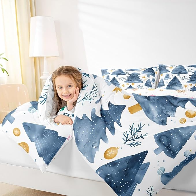 Feelyou Christmas Comforter Set All Season Xmas Tree Bedding Set with 1 Pillow Cases Watercolor Blue Microfiber Kids Twin Bedclothes Snowflake Bedroom Decor Duvet Quilt Breathable Soft Lightweight