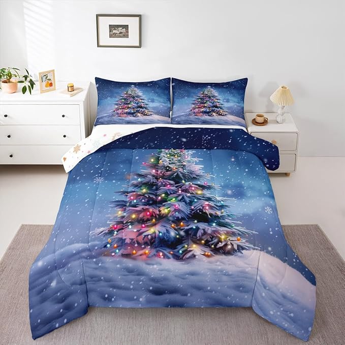Feelyou Christmas Comforter Set All Season Xmas Tree Bedding Set with 2 Pillow Cases Colored Light Strips Microfiber Kids Queen Bedclothes Snowflake Bedroom Decor Duvet Quilt Breathable Soft