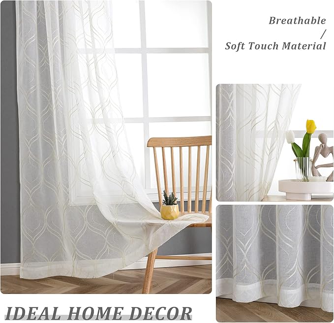 VISIONTEX White Sheer Curtains 63 Inch Length 2 Panels Set Beige Moroccan Embroidered Curtains Trellis French Textured Rod Pocket Voile Tulle Semi Window Drapes for Bedroom Living Room 54 x 63 Inches