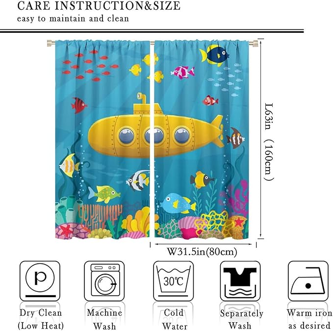 Boy Window Curtains Submarine Window Drapes Yacht Window Treatments Underwater World Oasis Thermal Drapes for Kids Girls Toddler Teens Room Dorm Decor Set 2 Panels,63x63 Inches