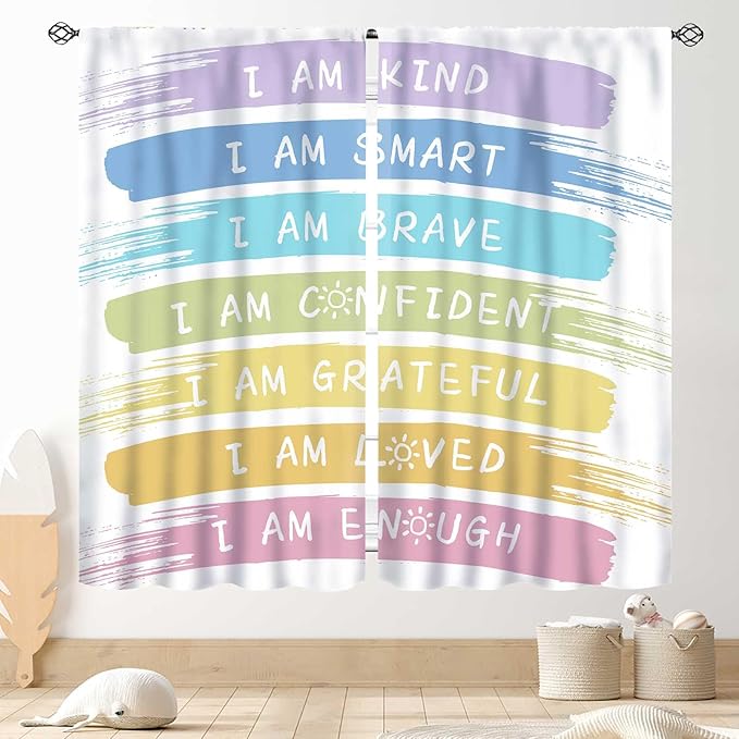 Rainbow Curtains for Classroom, Kids Girls Baby Boho Cute Inspirational Motivational Quotes Cartoon Colorful Pastel Nursery Classroom Bedroom Living Room Bathroom Window Drapes 2 Panels, 42"x45" Inch