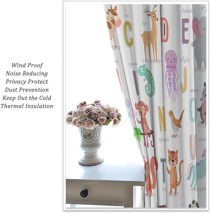 Kids Alphabet Curtains Cute Cartoon Animal Funny Educational Learning Curtain with Rod Pocket for Nursery Bedroom Playroom Home Decor Drapes Window Treatments 2 Panels Set 63" W X 72" L