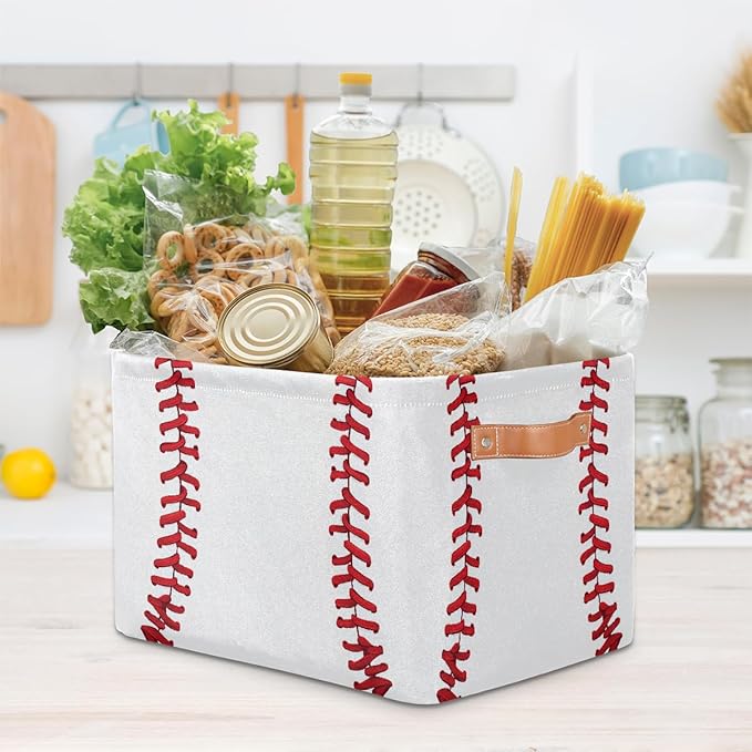 Baseball Storage Basket for Shelves, Storage Bins with Handles, Collapsible Basket for Organizing, Closet Toy Baskets for Nursery Room, 15x11x9.5 in, Canvas, Sports Baseball Stitches Lace