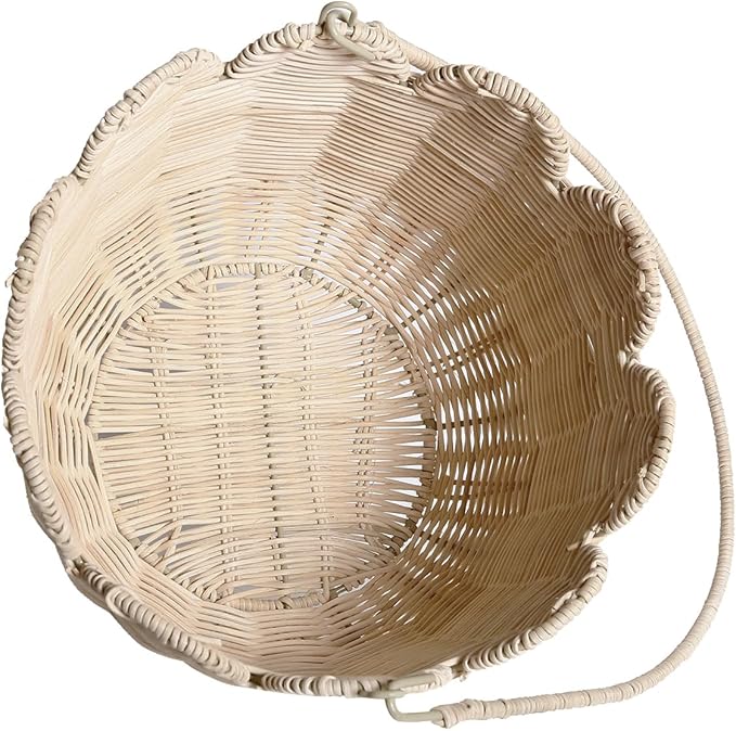 Scalloped Edge Round Basket with Handle, Super Sturdy Wicker Storage Baskets, Hand Woven Basket for Shelves,Natural Baskets for Organizing (White Rattan, 10.2"*10.2"*7.3")
