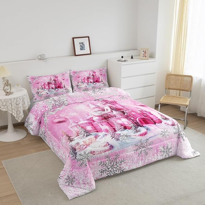 Pink Castle Comforter Set King Size,Cartoon Fairy Tale Theme Watercolor Bedding Set All Season Quilt Set,Christmas Winter Silver Snowflakes Microfiber Polyester Down Comforter