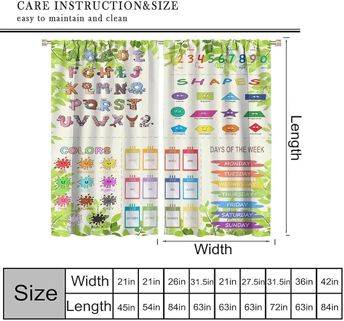 Kids Alphabet Curtain Cartoon Animal Nursery Rustic Leaves Plant Funny School Education Learning Tools Printed Rod Pocket Window Drapes for Bedroom Living Room Decor 42" W X 45" L