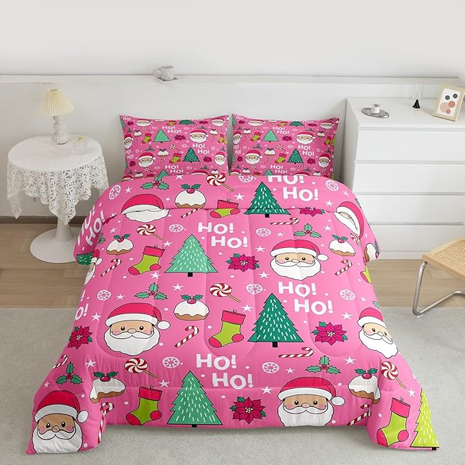 Feelyou Pink Merry Christmas Comforter Set All Season Santa Claus Bedding Set with 1 Pillow Cases Xmas Microfiber Kids Toddler Bedclothes Happy New Year Bedroom Decor Duvet Quilt Soft Lightweight