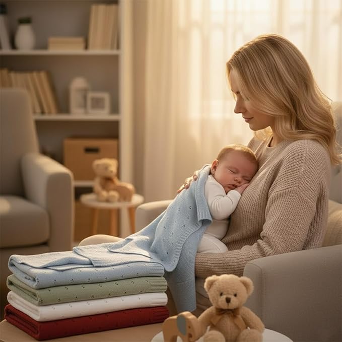 Baby Knit Blanket, 100% Cotton Eyelet Patterns, Soft, Cozy, Lightweight Swaddle for Newborn & Infant Swaddling Beige Neutral, Perfect Baby Shower Ideas Baby Blue 30x40