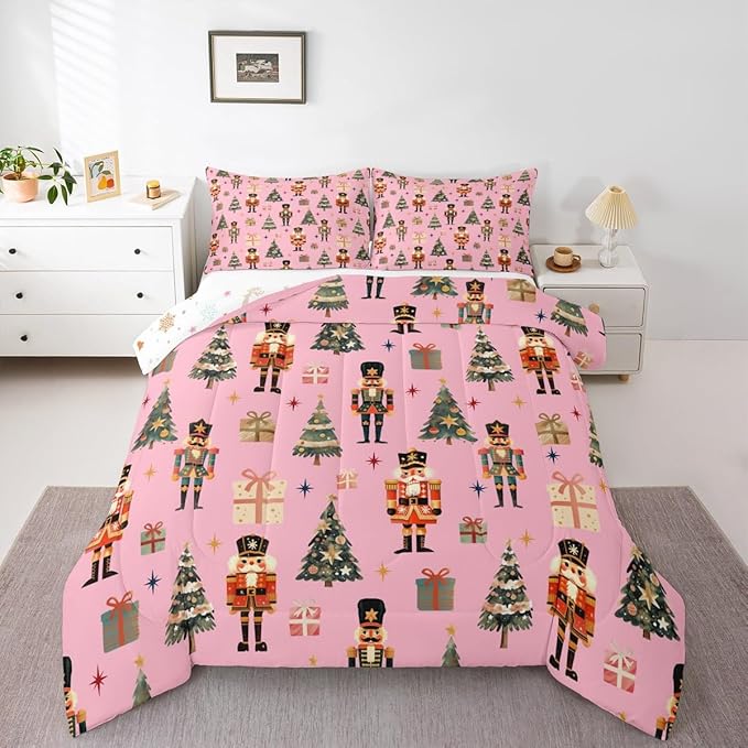 jejeloiu Xmas Nutcracker Comforter Set Twin Size Christmas Pink Bedding Set for Kids Boys Girls Cute Snowflakes Duvet Quilt Bedroom Decor