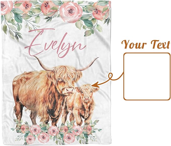 Personalized Baby Blanket for Boys, Custom Name Blanket for Girl Newborn Mom, Soft Flannel with Double Layer Dotted Backing, Gifts for Baby Shower Christmas Birthday, Highland Cow(30”x40)