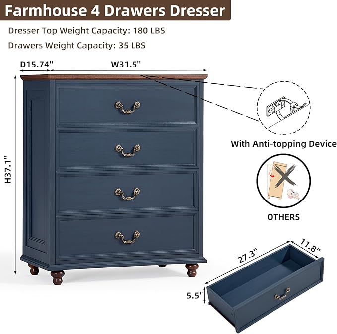 Bedroom Sets, 54" Wide 7 Drawers Dresser and 37" Tall 4 Drawers Dresser, Wooden 2 Piece Bedroom Furniture Set, Chest of Drawer for Bedroom, Home, Living Room, Hallway, Navy Blue
