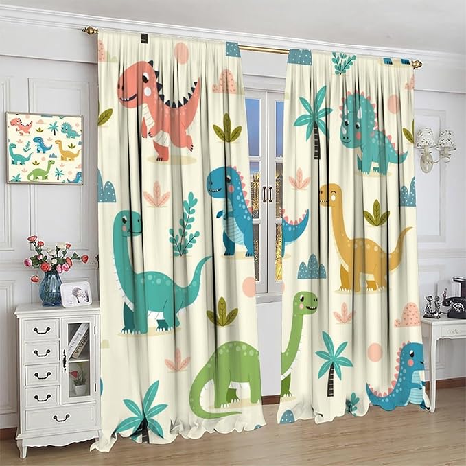 Fun Dino Curtains, Cute Colorful Dinosaur Pattern Blackout Window Treatments, Rod Pocket Thermal Insulated Drapes 2 Panel Sets for Children Boys Bedroom Nursery Classroom, 42" W X 63" L
