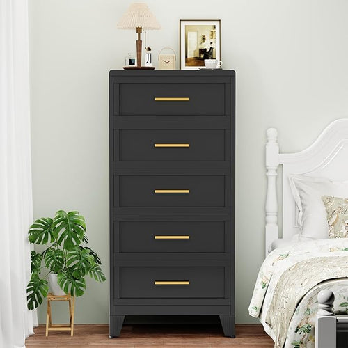 5 Drawers Dresser for Bedroom, 53.46" Tall Metal Dressers & Chest of Drawer Curved Corner Design, Storage Organizer Drawer Chest with Large Capacity for Living Room, Entryway, Hallway, Black