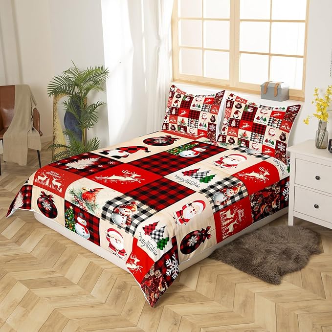 Manfei Christmas Duvet Cover Set Twin Size, Deer Tree Snowman Santa Claus Print Comforter Cover with 1 Pillowcase, Plaid Grid Print Bedding Set 2pcs for Kids Boys Girls Bedroom Decor,No Comforter