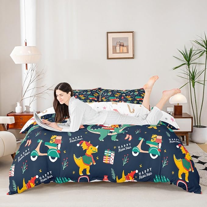 Christmas Bedding Set Cartoon Santa Claus Christmas Tree Comforter Cover for Kids Teens Cute Dino Race Cars Duvet Cover Breathable Gingerbread Man Bedspread Cover Room Decor Quilt Cover Toddler Size