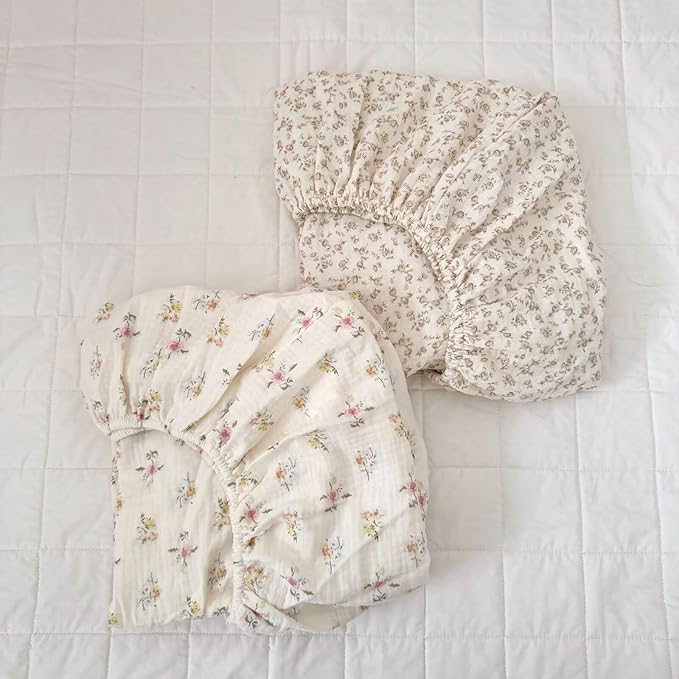 BuLuTu Muslin Pack N Play Mattress Sheets 38"x26", 2 Pack Mini Crib Fitted Sheets for Girls Boys, 100% Cotton Soft Breathable Baby Mattress Sheet 360° Mattress Wrapping, Camellia & Azalea