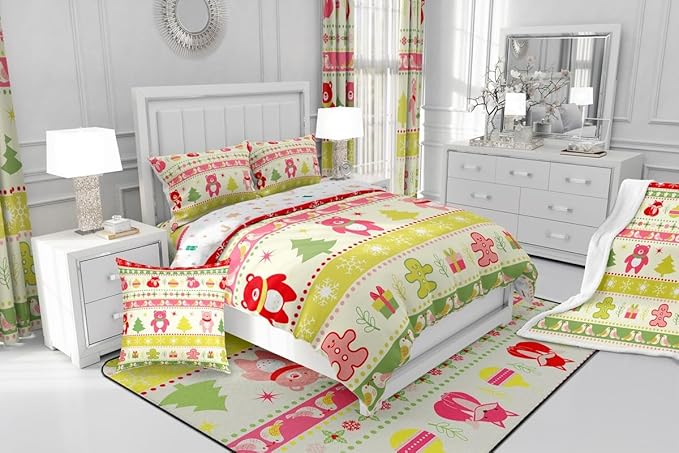 Erosebridal Merry Christmas Comforter Set Kids Full Size Xmas Tree Decor Quilts Snowflake Bedding Set Cute Colourful Bear Duvet Insert with 2 Pillow Cases