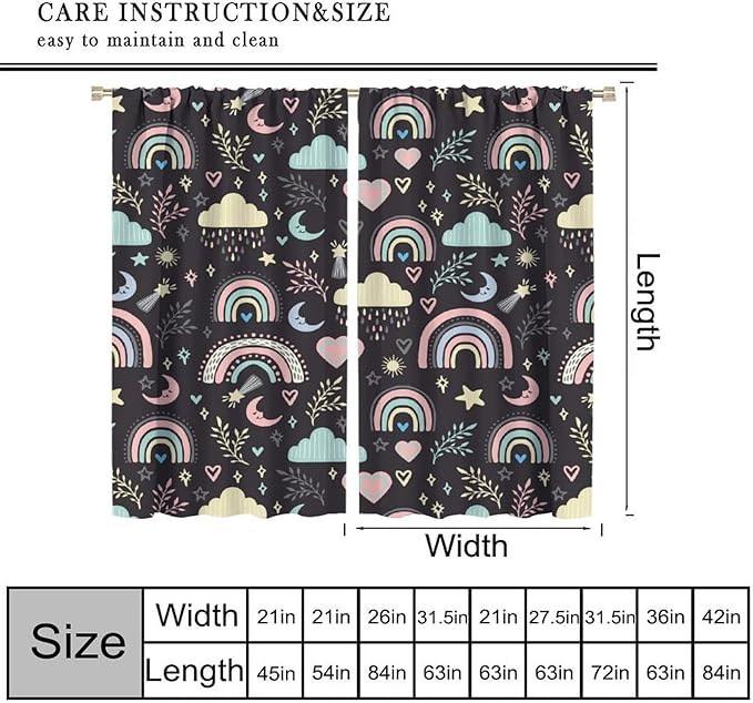 Boho Rainbow Curtains for Kids Nursery Colorful Floral Sun Star Clouds Pastel Bohemian Pattern Print Window Drapes for Girl Bedroom Living Room Kitchen Decor,2 Panel Set,55Wx63H Inch Blackout