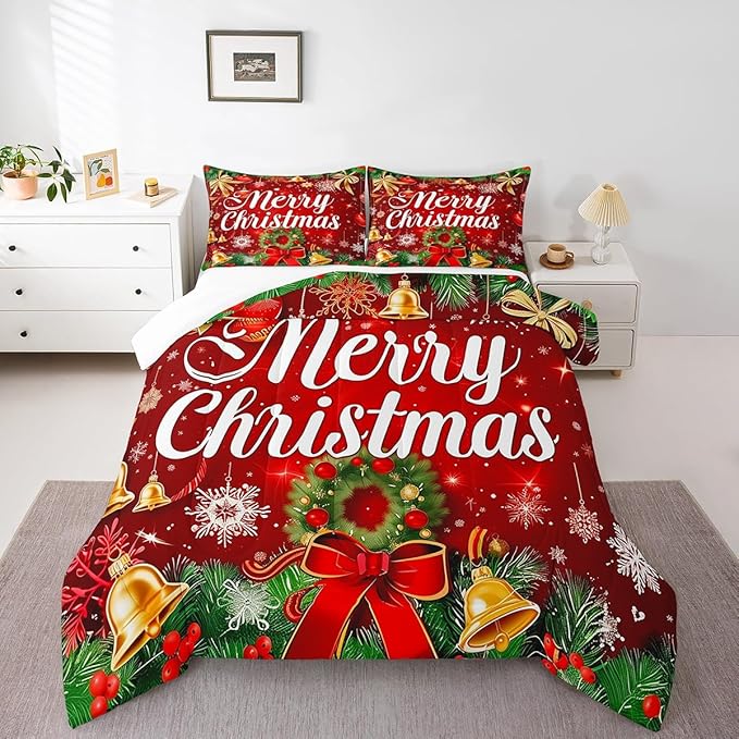 Christmas Wreath Comforter Set Twin Size,Red Bowkont Gold Bell Bedding Set for Kids Boys Girls Room Decor,Snowflake Merry Christmas Quilt Set 2Pcs,Green Leaves Xmas Theme Duvet Insert,1 Pillowcase
