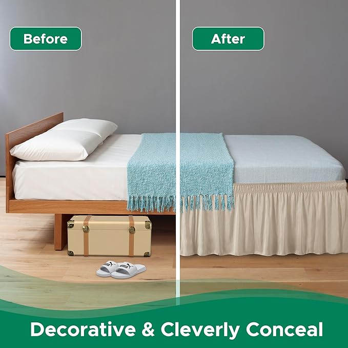 Biscaynebay Wrap Around Bed Skirts for King & Cal King Beds 19" Long Drop, Light Camel Adjustable Elastic Dust Ruffles Easy Fit Wrinkle & Fade Resistant Silky Luxurious Fabric Solid Machine Washable