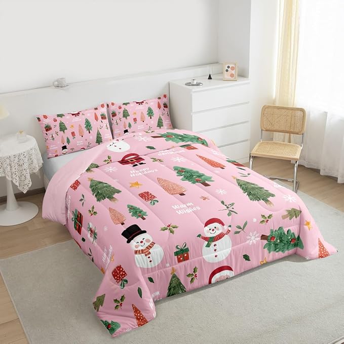 Feelyou Pink Christmas Comforter Set Toddler Size Snowman Bedding Set for Kids Boys Girls Xmas Tree Duvet Quilt Bedroom Decor Microfiber 2 Pcs with 1 Pillow Cases
