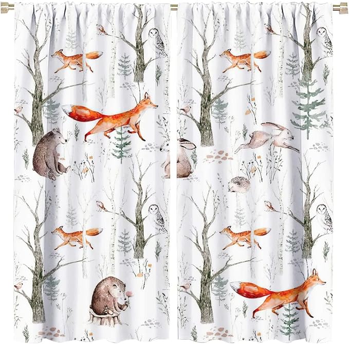 Rustic Forest Window Curtains, Watercolor Woodland Animals Owl Hedgehog Fox Butterfly Forest Squirrel and Bear Blackout Windows Door Curtain for Bedroom Living Room Home Decor 63x63in