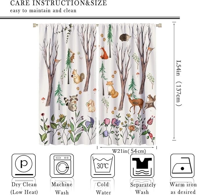 Forest Animal Kids Curtains, Watercolor Cartoon Window Treatments, Cute Animal Floral Girl Toddler Home Bedroom Living Room Drapes 42x54 Inch