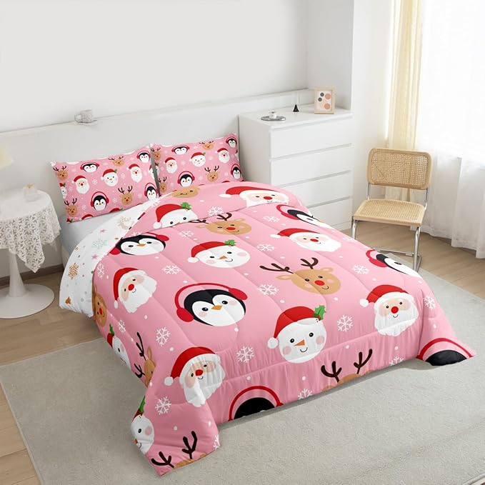 Feelyou Pink Christmas Comforter Set Queen Size Santa Claus Bedding Set for Kids Boys Girls Deer Penguin Duvet Quilt Snowman Bedroom Decor Microfiber 3 Pcs with 2 Pillow Cases