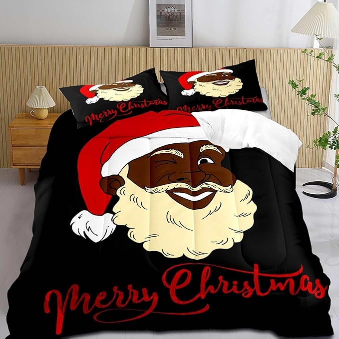 LUVIVIHOME 2PCS Christmas Comforter Set Twin Size, Funny African American Black Santa Claus Bedding, Winter Xmas Merry Christmas Bedroom Decor for Kids Boys Girls Teens, Xmas Gifts, 1 Pillow Sham