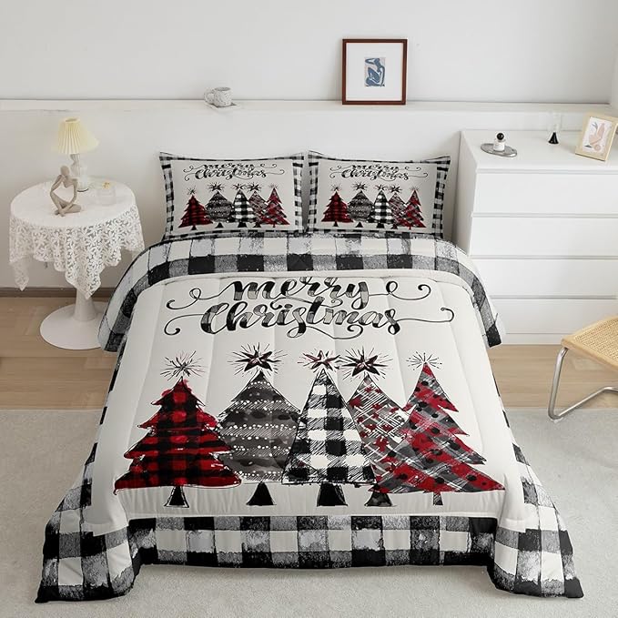 Christmas Trees Kids Comforter Set Full Size,Geometric Grids Ink Tie-dye Bedding,Girls Boys Adults Bedroom/Xmas Cabin Decor,Rustic Vintage Down Comforter,Black Grey Retro Duvet Insert,2 Pillowcases