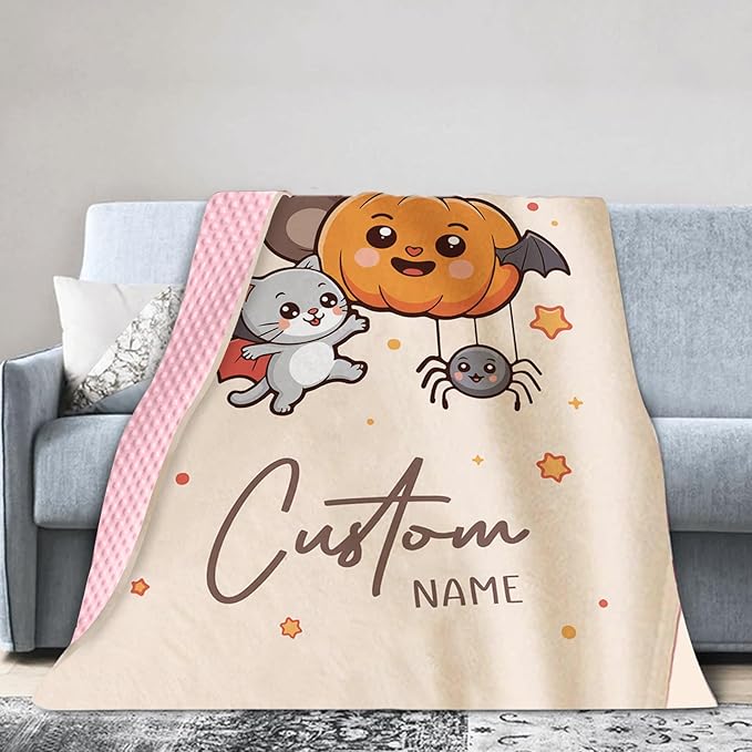 Personalized Halloween Blanket for Baby Boys Girls, Custom Baby Blanket with Name, Pumpkin Bat Pattern Soft Minky Dot Blanket, Halloween Decor Christmas Birthday Gifts for Kids Toddlers