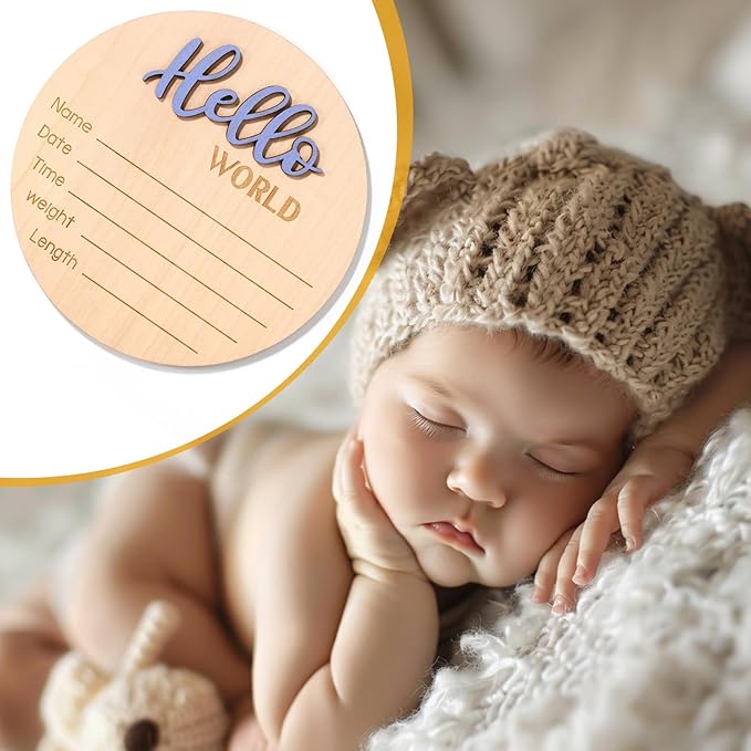 Newborn Announcement Sign, 5.9 Inch/15cm Wooden Hello World Plaques Baby Welcome Sign Birth Newborn Name Plaques for Boys and Girls Photo Props Baby Shower Hospital Nursery (Blue)
