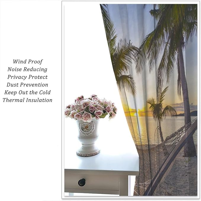 BAEKJIN Ocean Beach Curtains,Morning Sunrise Hawaiian Seaside Scene Pattern Print Decor Home Bedroom Living Room Window Treatments 2 Panel Set 42x45 Inch